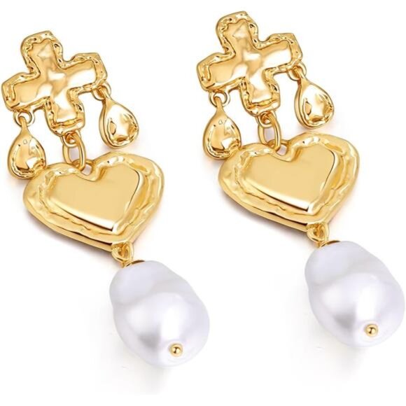 Pearl Chandelier Tassel Earrings | Gold Cross Heart Baroque Statement Drops - Picture 2 of 6